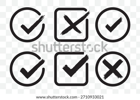 Vector Illustration, Check tick mark icon set. Cross box x check mark checkbox v list vector draw hand drawn sketch doodle brush marker checklist symbol wrong right circle