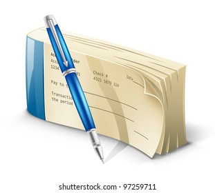 Vector Illustration Of Checkbook With Pen On White Background.