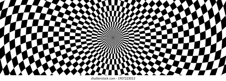 Vector illustration of checkered pattern with optical illusion. Op art abstract background. Long horizontal banner.