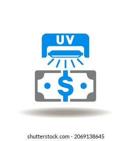 Vector Illustration Of Checking A Dollar Banknotes With An Ultraviolet Lamp. Symbol Of Money Counterfeit Control And Analyze. Icon Of Money Sterilization And Disinfection.