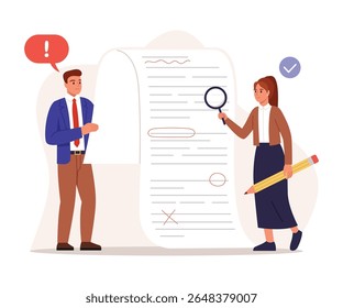 Vector illustration of checking,editing document,report. Cartoon scene boy and girl through magnifying glass analyze text isolated on white background. Underline,circle,correct errors.