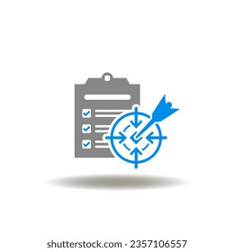 Vector illustration of checklist and aim sign. Icon of BDC Business Development Company. Symbol of goals achievement of standards, compliance.