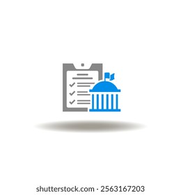 Vector illustration of checklist with bank. Icon of banking service. Symbol of standards. Sign of government administration.