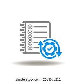 Vector illustration of checklist or booklet with gear, check and round arrows. Symbol of BCP Business Continuity Plan. Icon of continuous work.