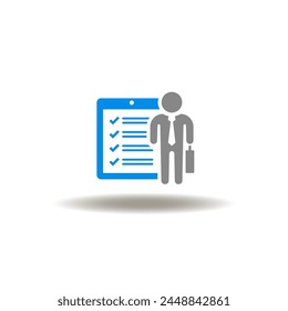 Vector illustration of checklist and businessman. Icon of personal assessment. Symbol of survey, questionnaire, poll. Sign of CV Curriculum Vitae.