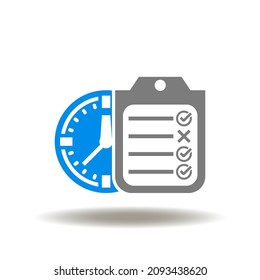 Vektorgrafik der Checkliste mit Scheck, Kreuzung und Uhr. Symbol der Anwesenheit. Symbol des Fragebogens, Abstimmung, Prüfung.