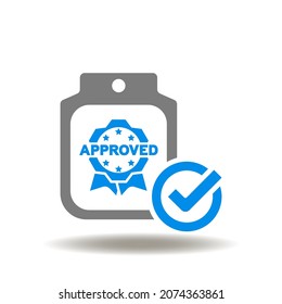 Ilustración vectorial de la lista de comprobación con marca de verificación y sello aprobado. Símbolo de cumplimiento. Icono de la regulación.