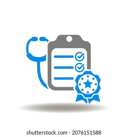 Vector Illustration Of Checklist With Check Mark, Stamp Or Reward And Stethoscope. Symbol Of Patient Experience. Icon Of Medicine Service Feedback.