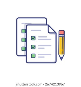 Ilustración vectorial de una lista de verificación con Casillas de verificación y un lápiz, que simboliza la organización, la evaluación y la finalización de la tarea.