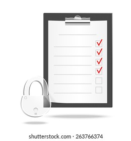 Vector illustration of a checklist with  checking off tasks and lock. Vector illustration for posters, banners and templates