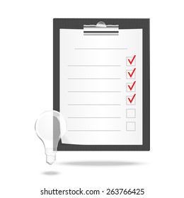 Vector illustration of a checklist with  checking off tasks and lamp.  Vector illustration for posters, banners and templates