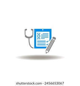 Vector illustration of checklist with DNA helix, stethoscope and pencil. Icon of genetics. Symbol of gene research, engineering.