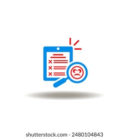 Vector illustration of checklist exclamation with cross marks and magnifier with sad face. Icon of common mistakes. Symbol of checkup failure.