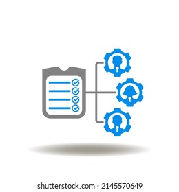 Vector illustration of checklist and flowchart gears with people. Symbol of roles and responsibilities. Icon of compliance role, responsibility.