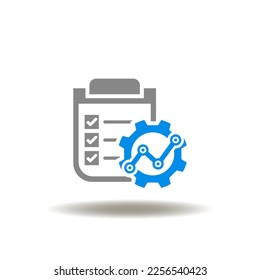 Ilustración vectorial de la lista de comprobación con engranajes y gráficos. Icono del logro de los negocios. Símbolo del análisis de KPI.