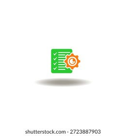 Ilustración vectorial de lista de comprobación y rueda dentada con ojo. Símbolo de la evaluación de riesgos.