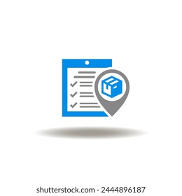 Vector illustration of checklist and location map place pointer with delivery box. Symbol of 3PL Third Party Logistics. Icon of supply chain, procurement.