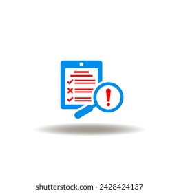 Vector illustration of checklist and magnifier with exclamation mark. Icon of quality revision. Symbol of inspection.
