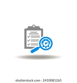 Vektorgrafik von Checkliste und Lupe mit Tachometerhöhe. Symbol des Risikomanagements. Symbol des Analyseberichts.