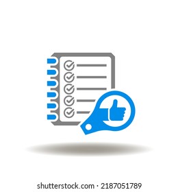 Ilustración vectorial de la lista de verificación y el magnificador con el pulgar hacia arriba. Icono de evaluación. Símbolo de evaluación.