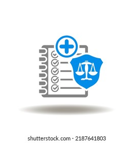 Vector illustration of checklist with medicine pharmacy cross and shield with scales. Icon of medical compliance. Symbol of healthcare law regulations.