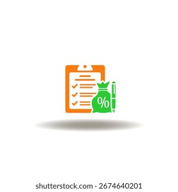 Ilustración vectorial de la lista de verificación y la bolsa de dinero con signo de porcentaje y pluma. Icono de en el depósito. Símbolo de solicitud de préstamo.