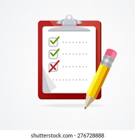 Vector illustration checklist  on a red Board with pencil  isolated on white background. Flat Design