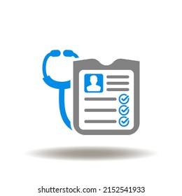 Vector Illustration Of Checklist Or Patient History With Stethoscope. Icon Of Patient Treatment Diagnosis Information. Symbol Of Patient Document.