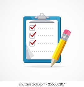 Vector illustration checklist with pencil  isolated on white background. Flat Design
