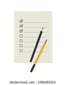Vector illustration of checklist with pencils, isolated on white. Hand-drawn set in flat style. Concept of planning, goals, to-do list, completion of tasks. Stationery.