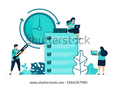 vector illustration of checklist for reviews and feedback on customer opinions quality and timeliness. women and men workers. designed for website, web, landing page, apps, ui ux, poster, flyer
