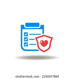 Ilustración vectorial de la lista de control y escudo con corazón. Icono de OSHA Administración de Salud y Seguridad Ocupacional. Símbolo de examen y protección de la salud.