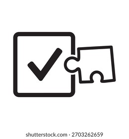 Ilustração vetorial de uma marca de seleção em um ícone de caixa de seleção com uma peça de quebra-cabeça. Simboliza solução, conclusão e integração.