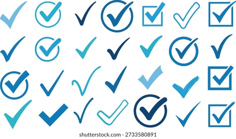 Vector illustration of checkmark icon set with 25 black and blue symbols in varied styles and shapes
