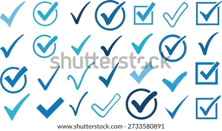 Vector illustration of checkmark icon set with 25 black and blue symbols in varied styles and shapes