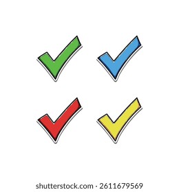 Vector illustration of checkmarks in various colors, symbolizing approval, validation, and success. Ideal for use in presentations, documents, and graphic designs conveying agreement or correctness.