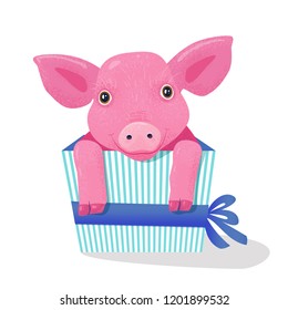 Vector illustration of the cheeful happy pig in the box. Chinese Zodiac Sign Year of Pig, Happy New Year 2019