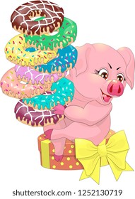 Vector illustration of the cheeful happy pig.The mumps packs gifts. The joyful boar will treat you with tasty donuts.