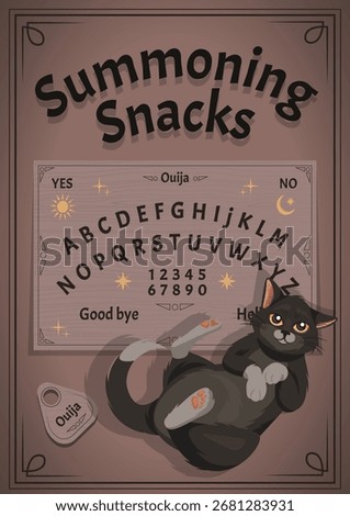 Vector illustration of a cheeky black cat lounging on a Ouija board with the humorous phrase “Summoning Snacks.” Perfect for Halloween designs, funny occult-themed art, stickers, apparel prints, and q
