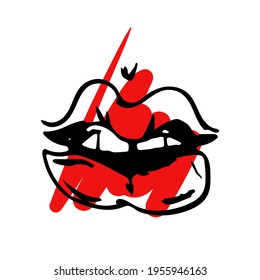 Vector illustration of cheeky lips with teeth, with crookedly stained smeared lipstick. Hand drawn icon and symbol for print, poster, sticker, card design, t-shirt design, textile, fashion magazine.