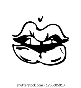Vector illustration of cheeky lips with teeth. Hand drawn icon and symbol for print, poster, sticker, card design, t-shirt design, textile, fashion magazine.