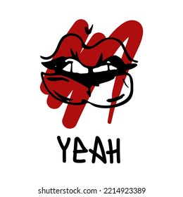 Vector illustration of cheeky lips with teeth, with crookedly stained smeared lipstick with the inscription Yeah. Hand drawn icon and symbol for print, poster, sticker, card design, t-shirt design