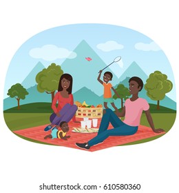 The Vector Illustration Of Cheerful African Family On A Picnic Outside. Black People Family Camping Near The Mountains.