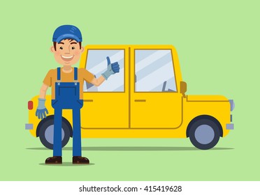 Vector illustration of a cheerful auto mechanic showing thumb up gesture and standing near a car. Car repair service. Flat style vector illustration.