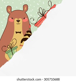 Vector illustration of a cheerful bear with a air pink, green balloon, a cake, gifts and a place for text.