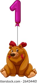 Vector illustration of a cheerful bear holding a pink number one balloon. Bright colors and cartoon style enhance its playful appeal