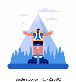 Vector illustration of cheerful bearded man smiling and stretching out arms while hiking in summer countryside near forest and mountain