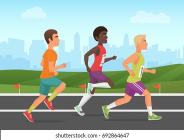 Vector illustration of cheerful black and white sportsmen running on stadium. Runners people.