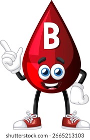Ilustración vectorial de una alegre mascota de gota de sangre etiquetada con B, con guantes y zapatillas de deporte, en un estilo de dibujos animados limpio y plano
