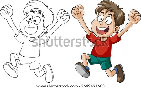 Vector illustration of a cheerful boy jumping, featuring vibrant colors and a playful style with outlined and colored versions